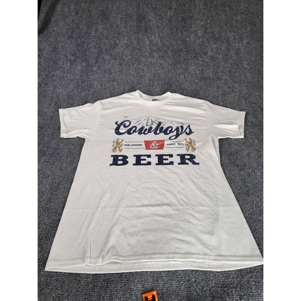 Cowboys And Beer Graphic Tee Mens Medium White Gildan DryBlend Western TShirt